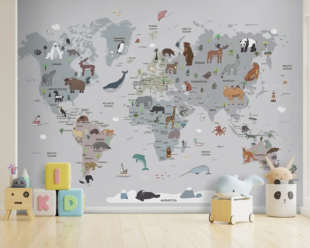 murales de pared Animales con mapa del mundo y nombres de países u95844