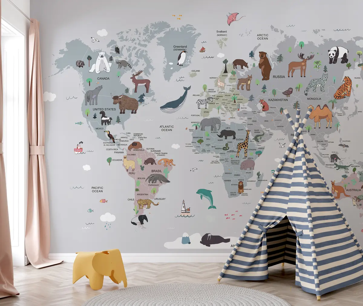 murales de pared Animales con mapa del mundo y nombres de países u95844