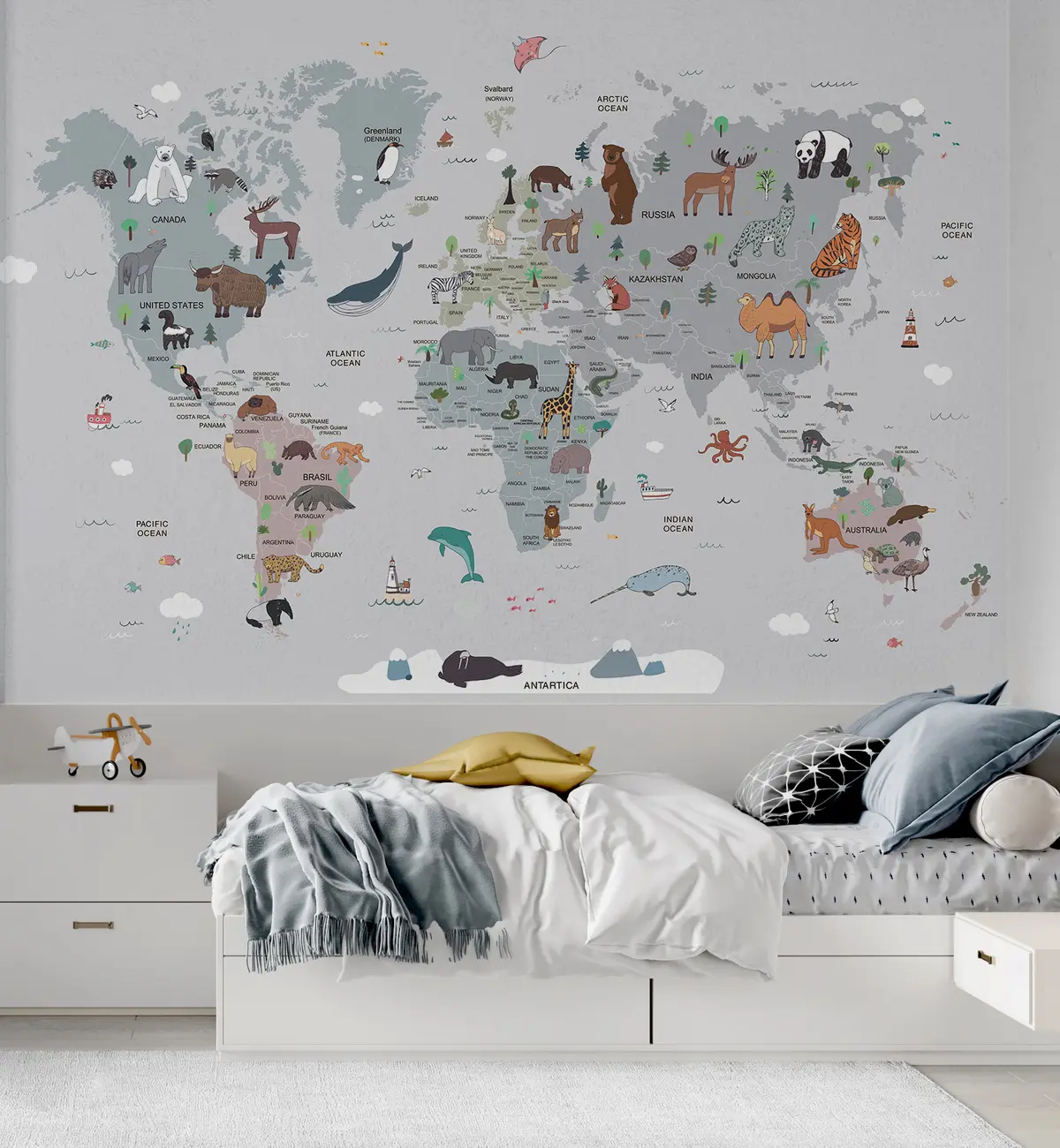 murales de pared Animales con mapa del mundo y nombres de países u95844