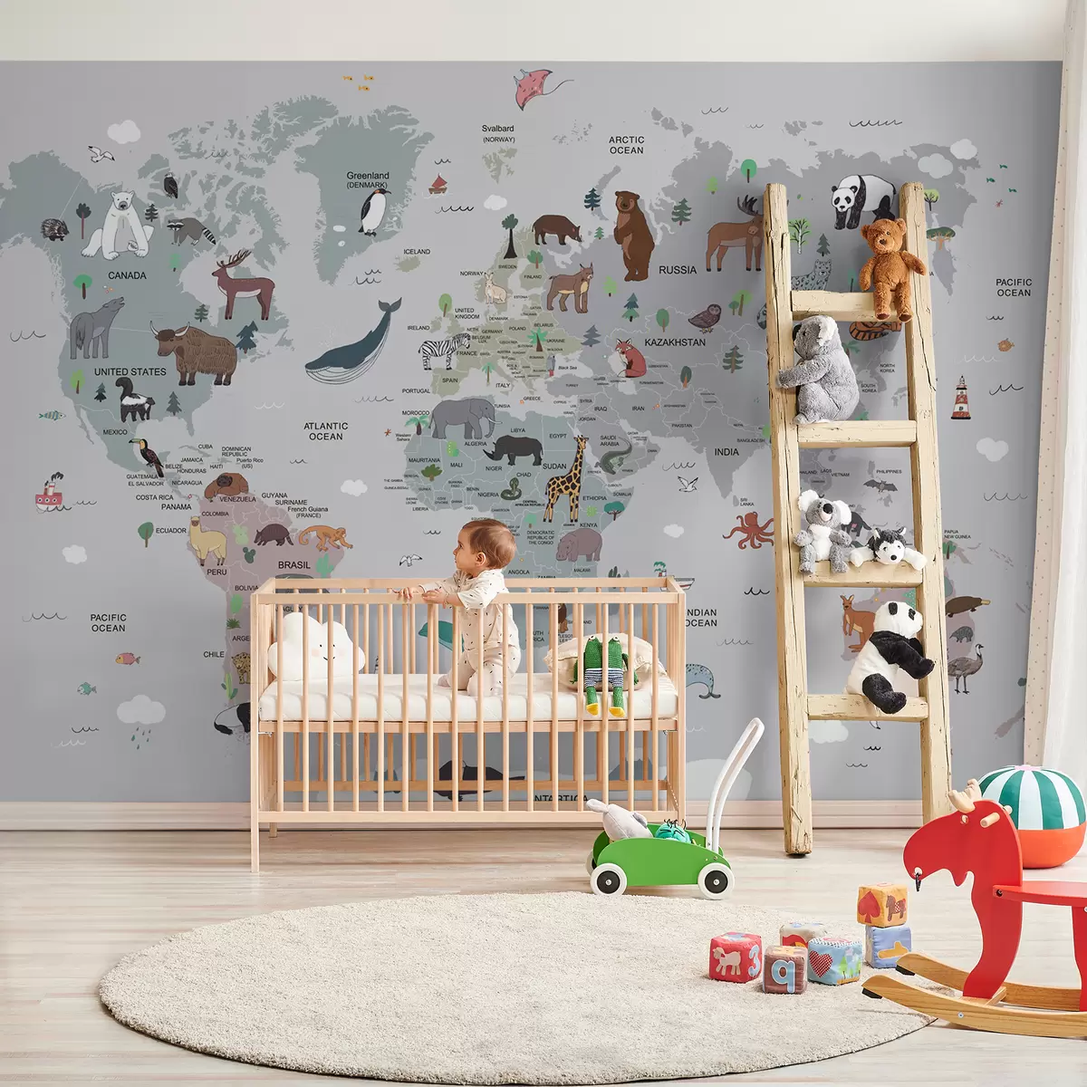 murales de pared Animales con mapa del mundo y nombres de países u95844