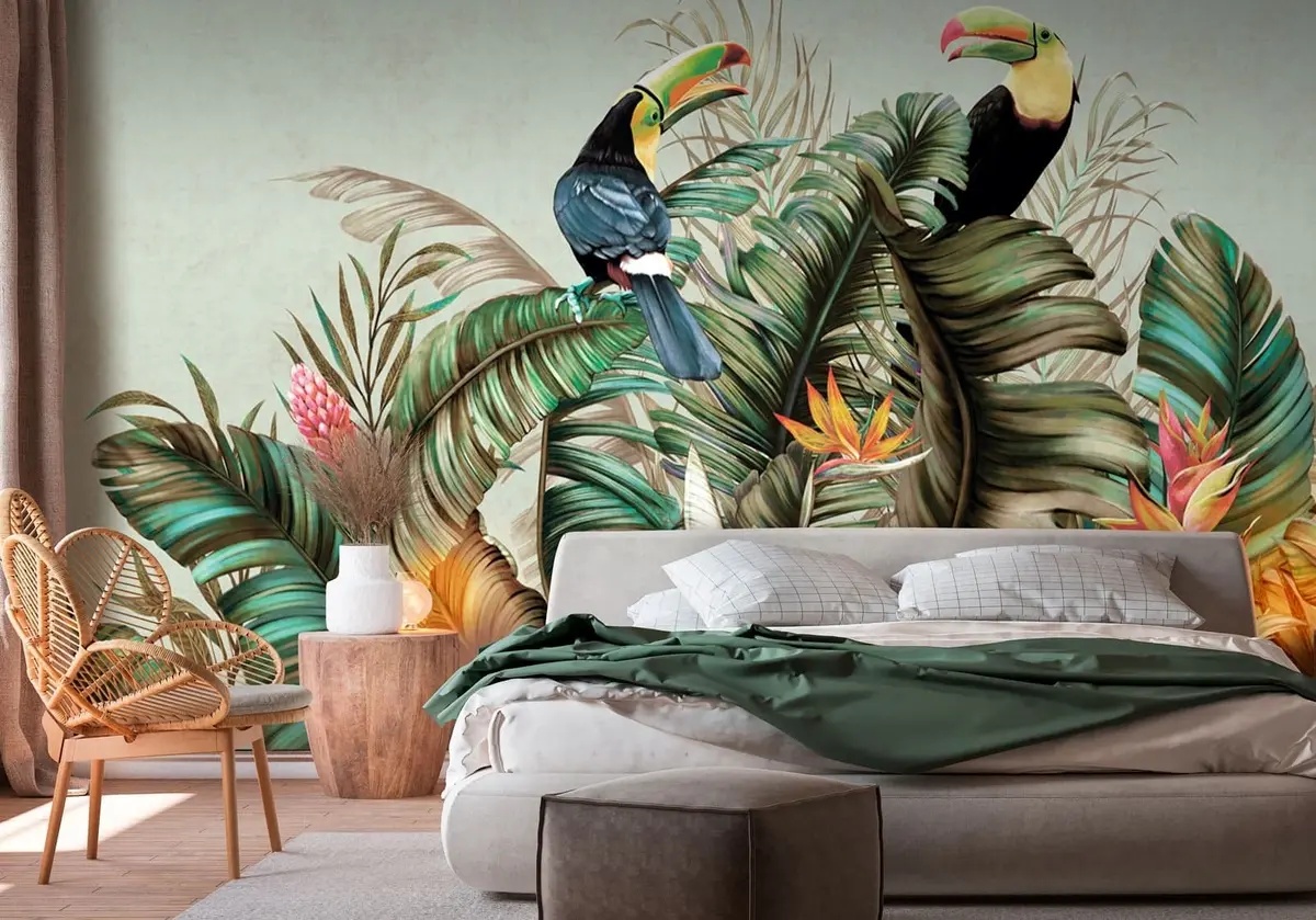 murales de pared Aves exóticas loro y tucán entre hojas de plátano y palma u95256