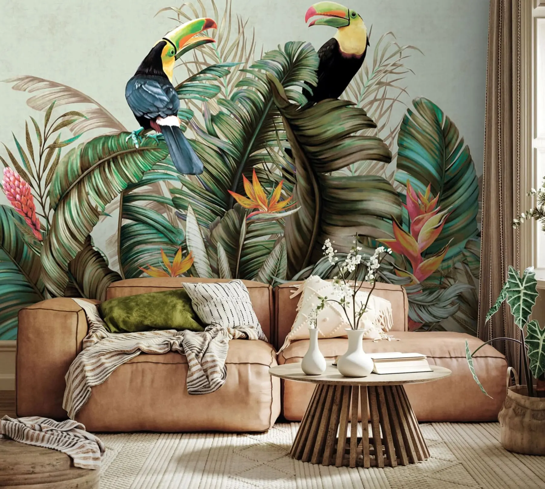 murales de pared Aves exóticas loro y tucán entre hojas de plátano y palma u95256