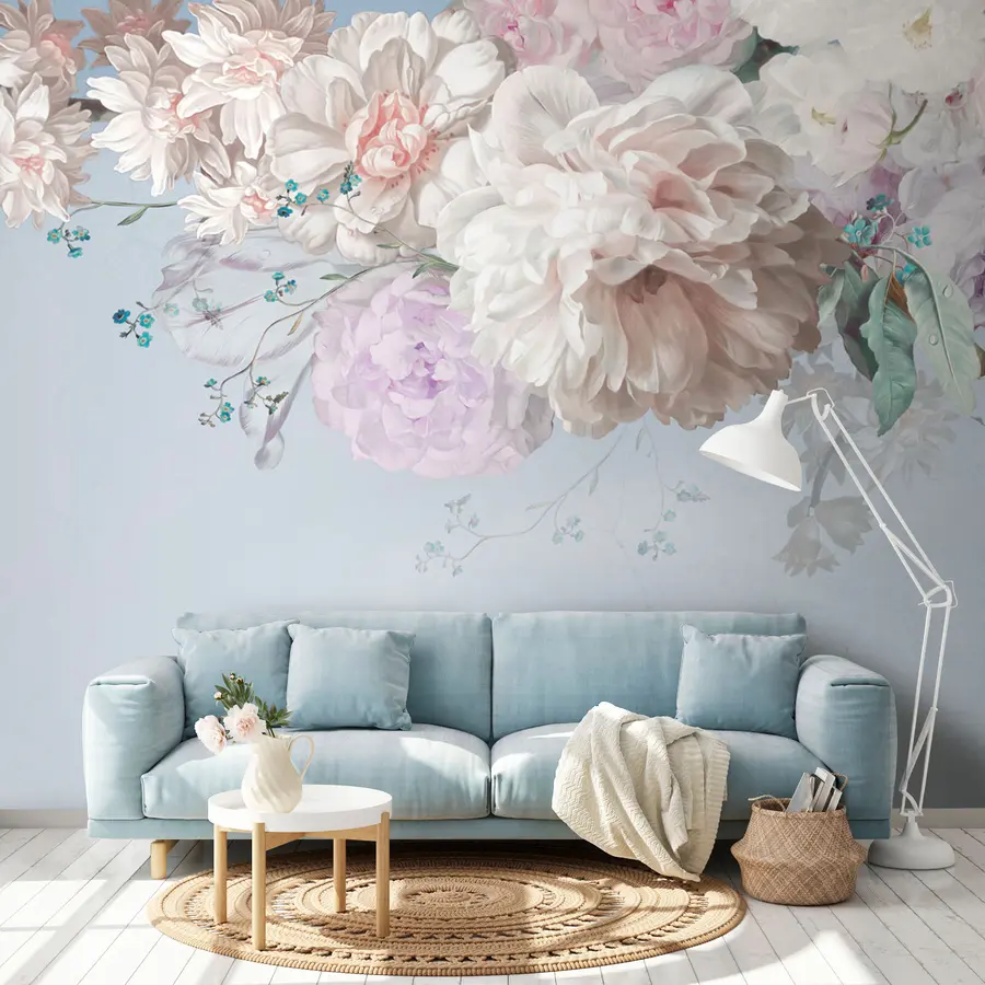 murales de pared Grandes flores exuberantes, peonías blancas sobre un fondo azul u95437