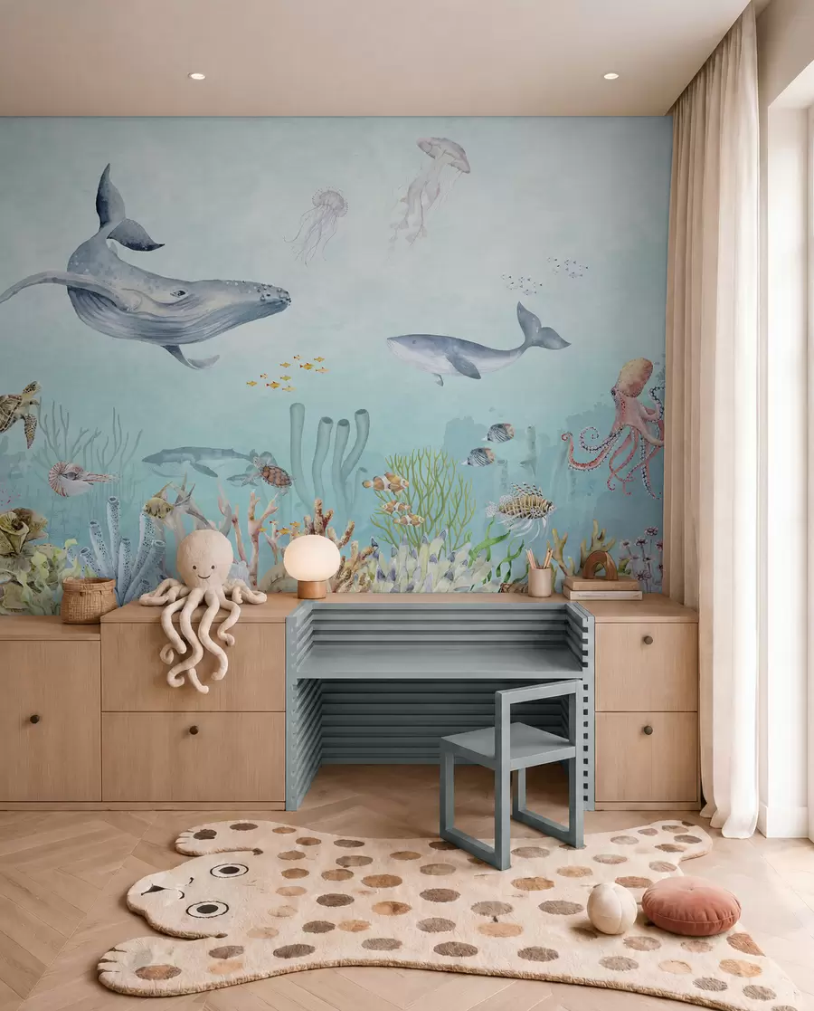 murales de pared Universo marino, grandes ballenas, peces y tortugas u95446