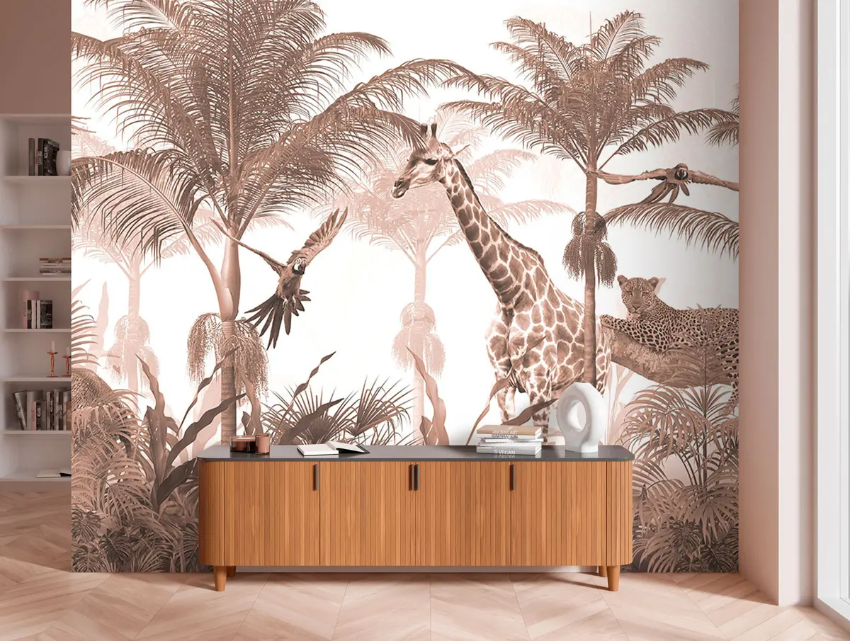 murales de pared Diseño de papel tapiz de árboles tropicales con animales. u95906