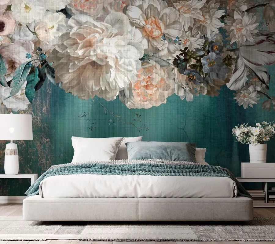 murales de pared Gran exuberante ramo de flores con textura grunge u95430