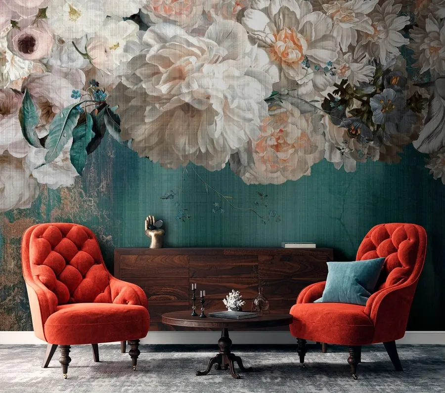 murales de pared Gran exuberante ramo de flores con textura grunge u95430