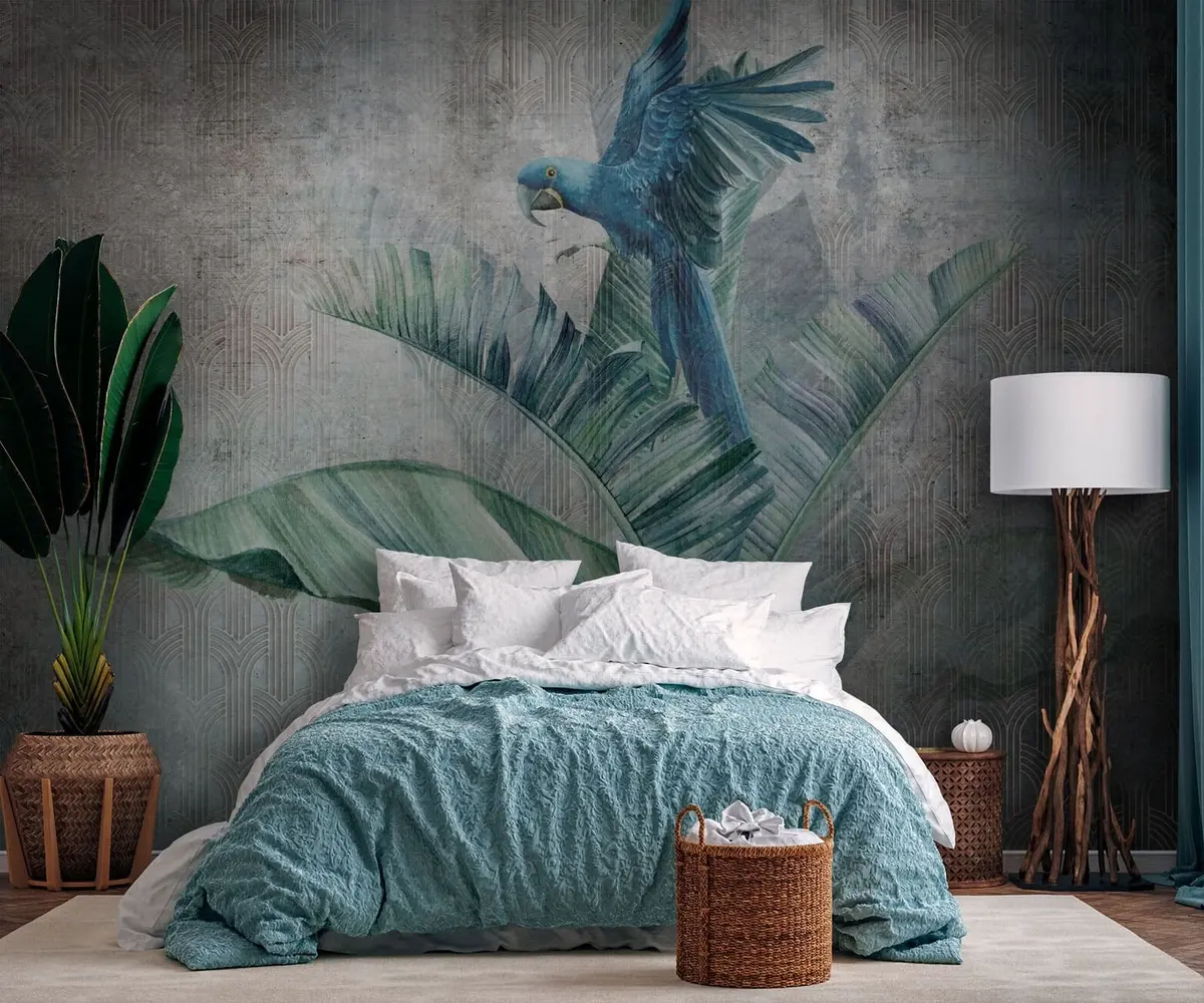 murales de pared Gran loro azul en árbol de plátano con textura de hormigón grunge u95432