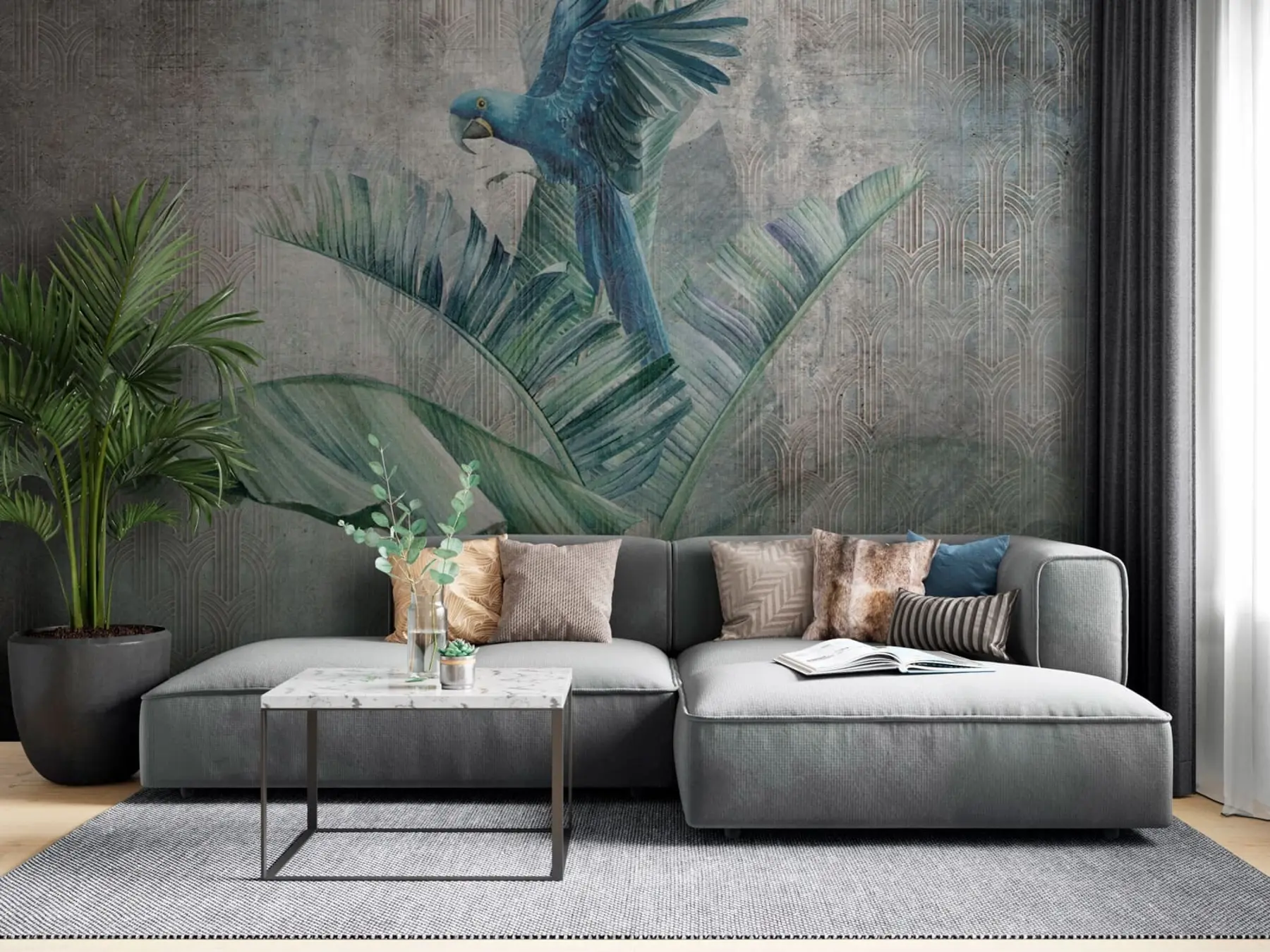 murales de pared Gran loro azul en árbol de plátano con textura de hormigón grunge u95432