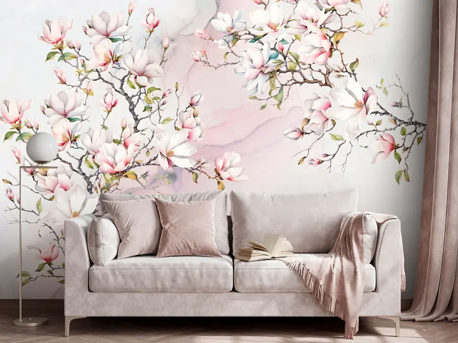 murales de pared Árboles de magnolia florecientes sobre un fondo de mármol u96114