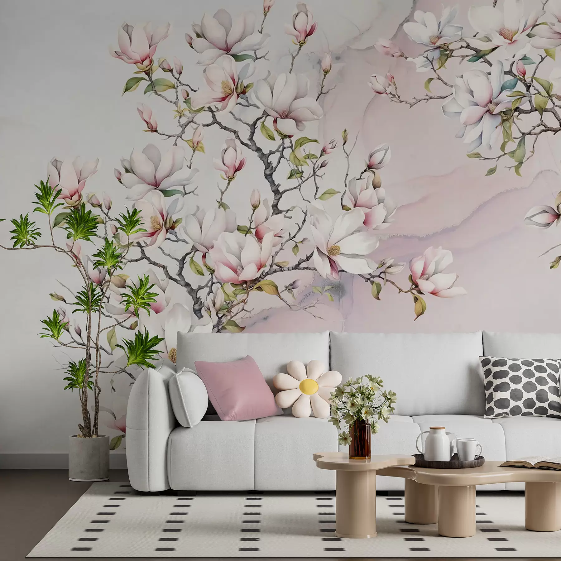 murales de pared Árboles de magnolia florecientes sobre un fondo de mármol u96114
