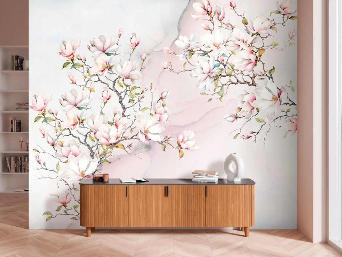 murales de pared Árboles de magnolia florecientes sobre un fondo de mármol u96114