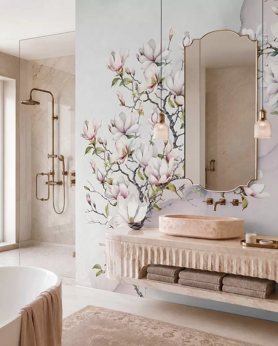 murales de pared Árboles de magnolia florecientes sobre un fondo de mármol u96114