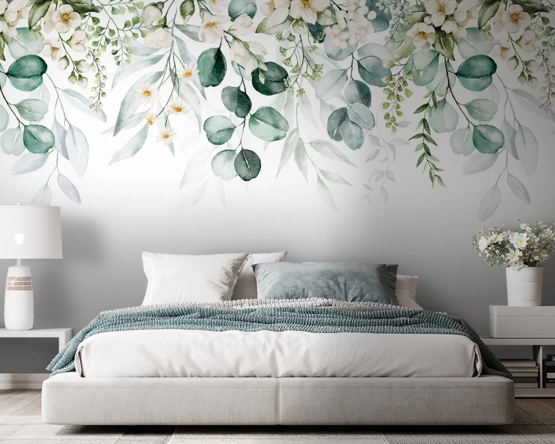 murales de pared Ilustración con hojas verdes, flores blancas, peonía y ramas u96063