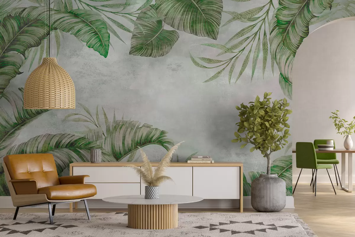 murales de pared Grandes hojas tropicales en una pared de mármol u95261