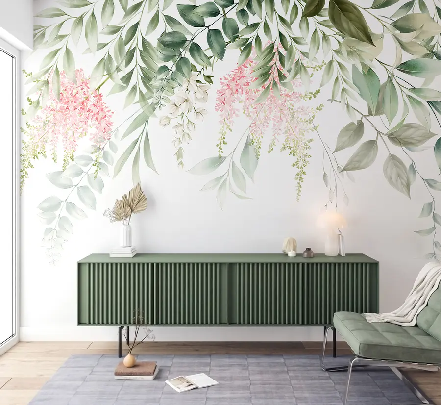 murales de pared Follaje con flores rosas u95923