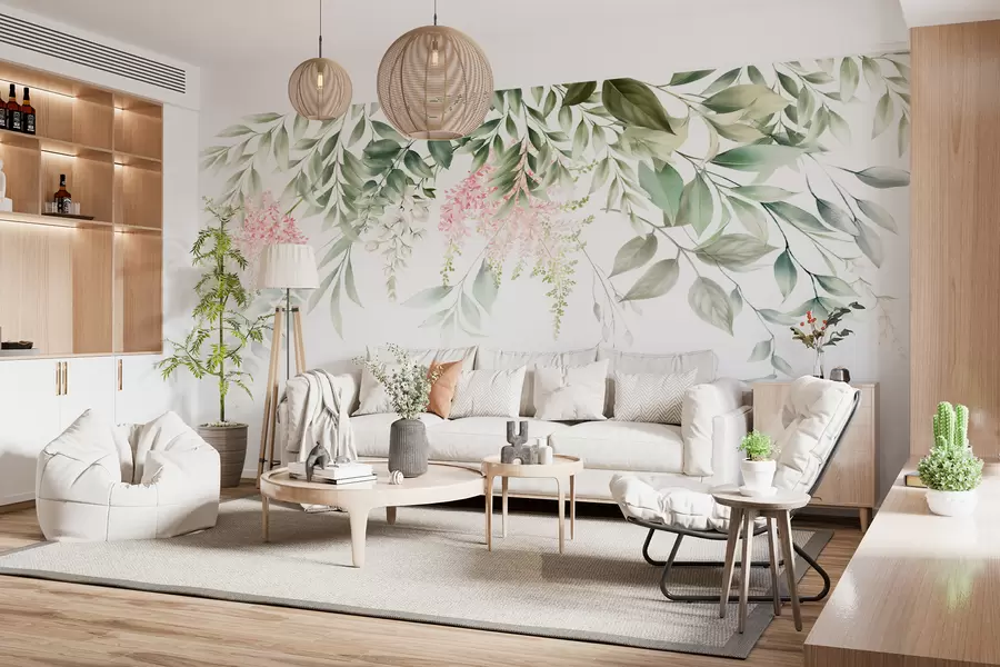 murales de pared Follaje con flores rosas u95923