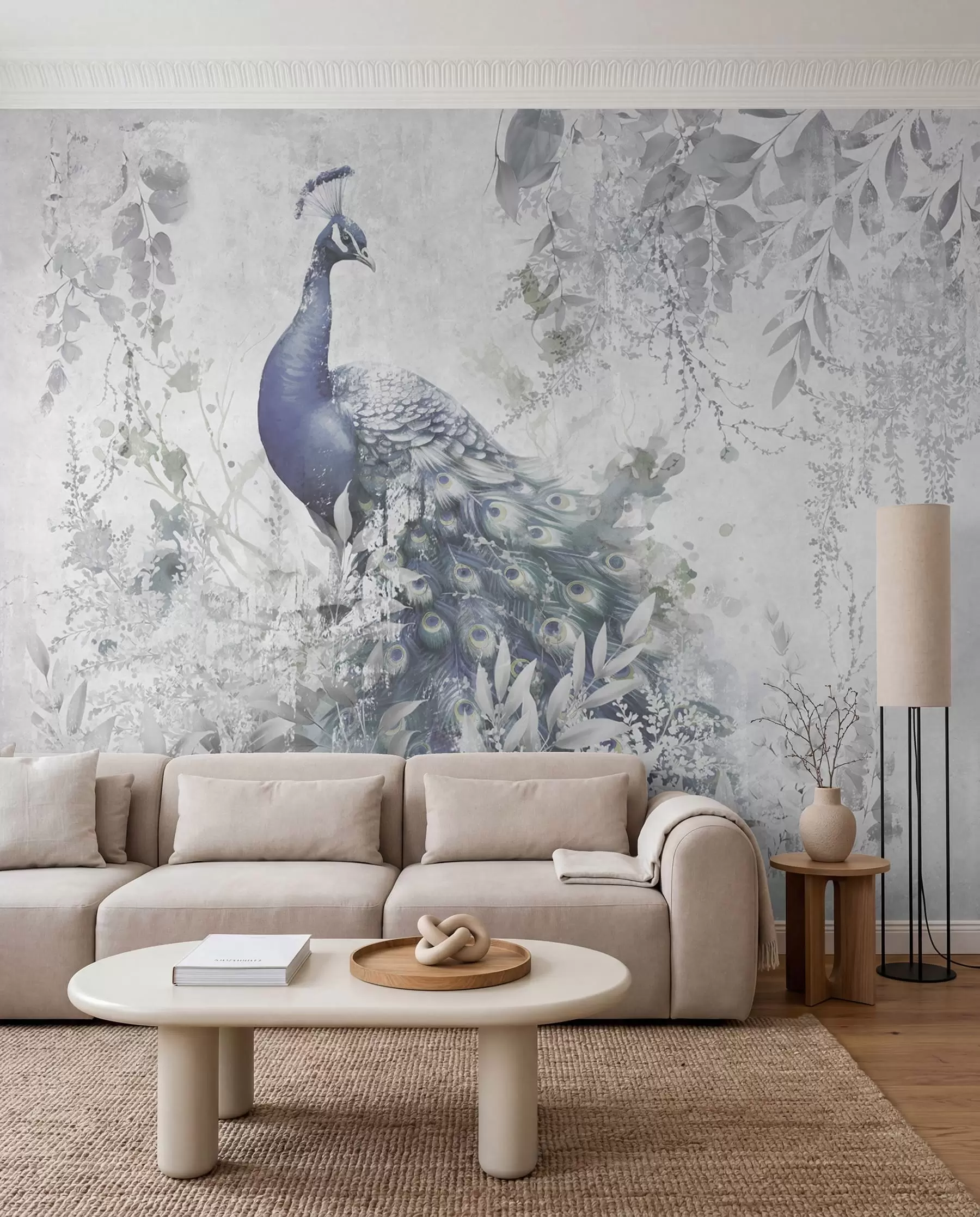 murales de pared Pavo real entre hojas plata u96727