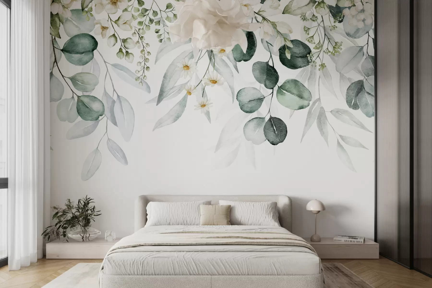 murales de pared Acuarela hojas verdes con flores u96336
