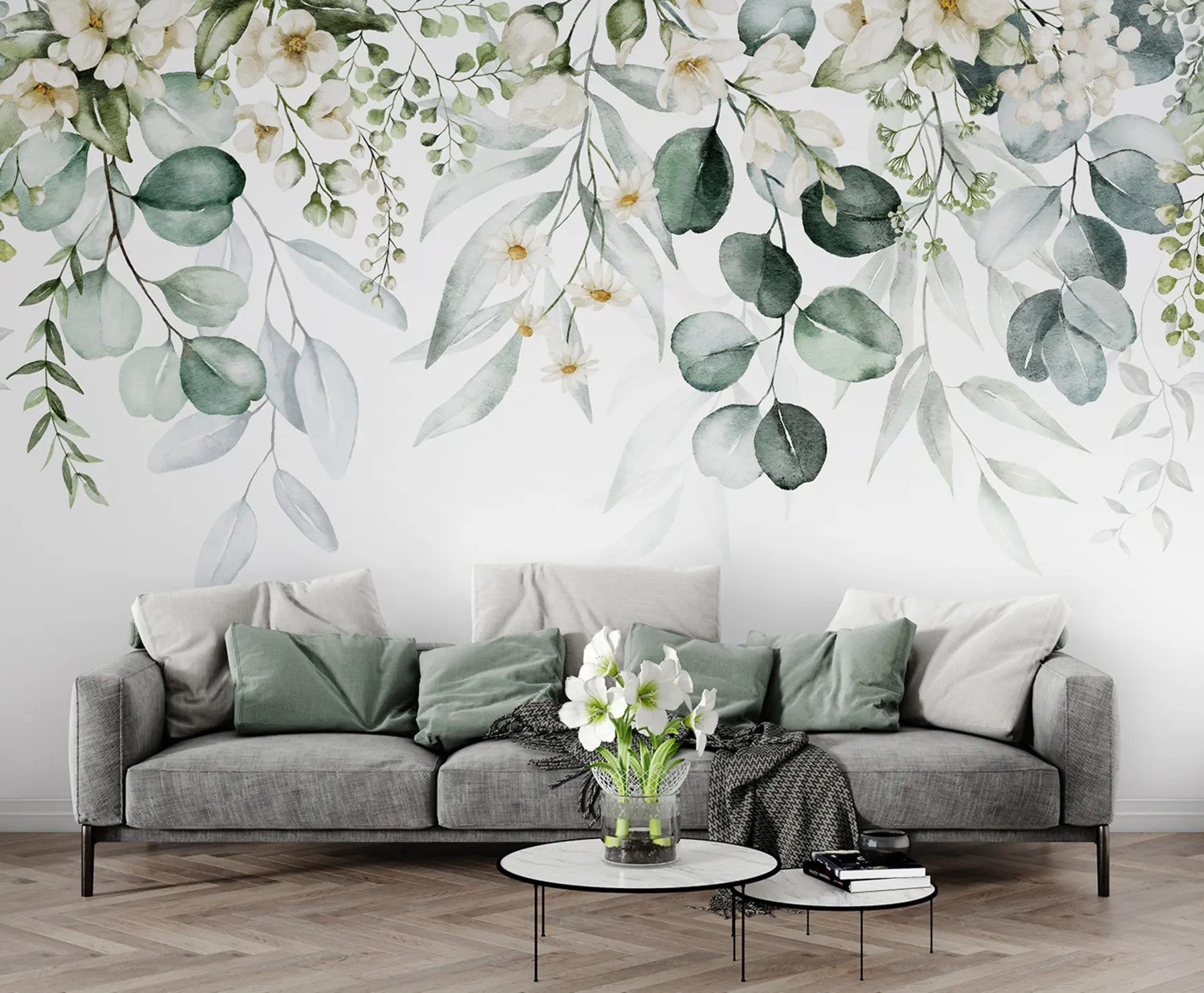 murales de pared Acuarela hojas verdes con flores. u96336