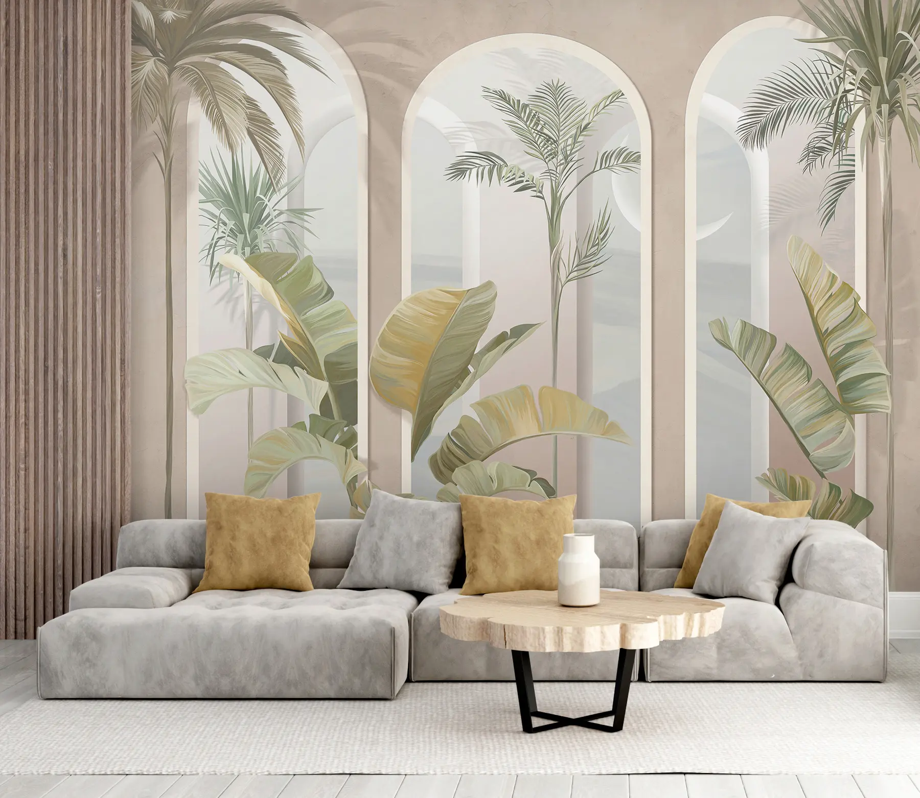 murales de pared Hojas tropicales 3D con palmeras y columnas u96402