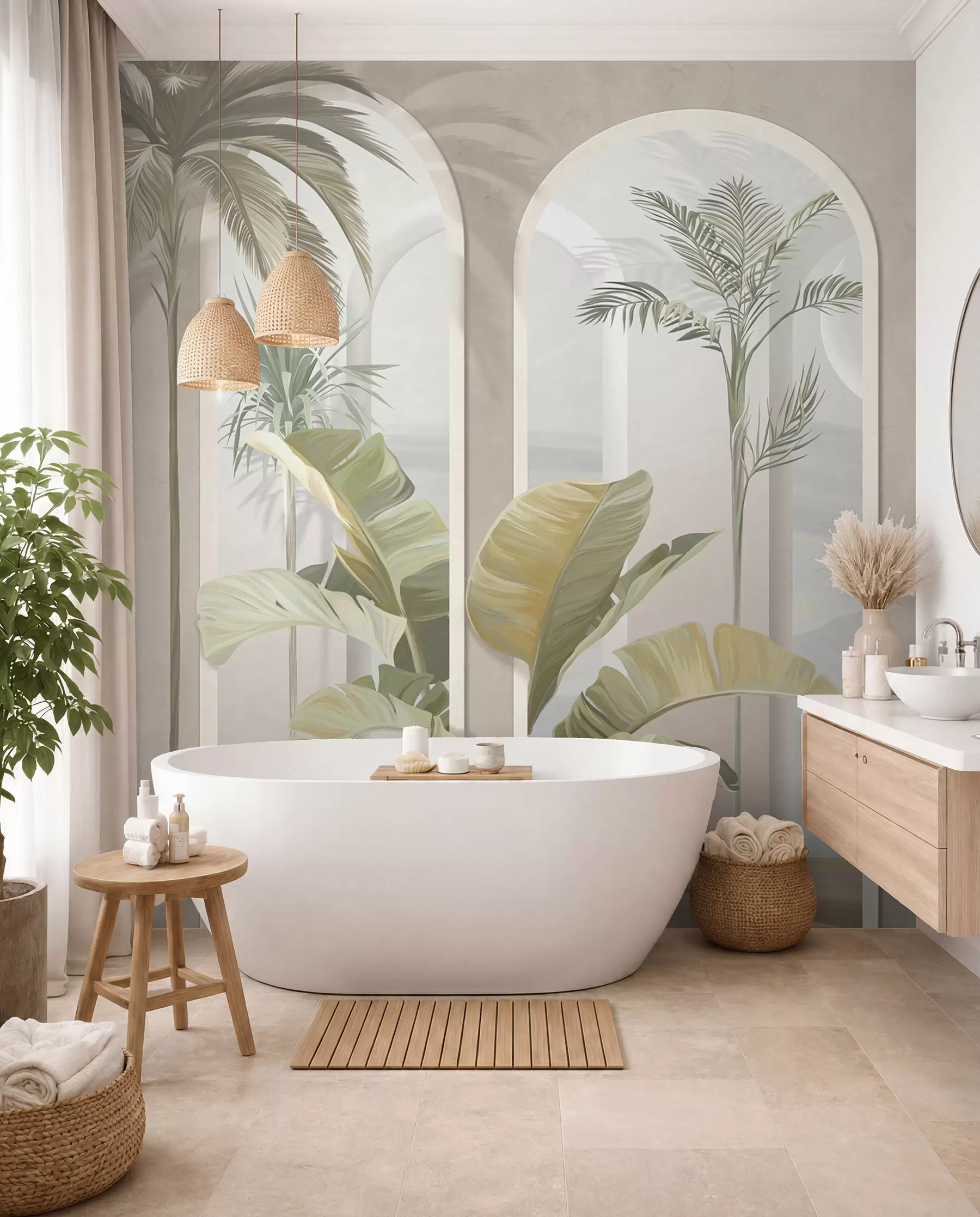 murales de pared Hojas tropicales 3D con palmeras y columnas u96402