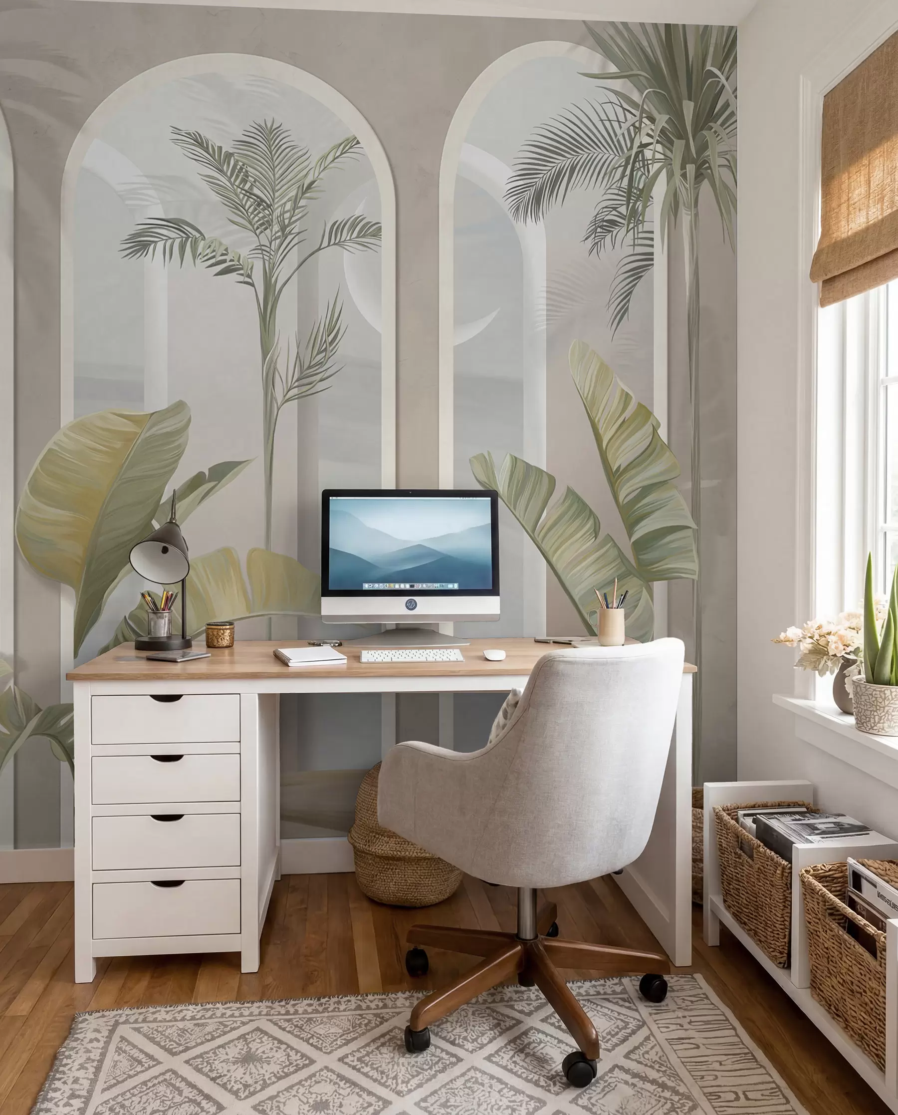 murales de pared Hojas tropicales 3D con palmeras y columnas u96402