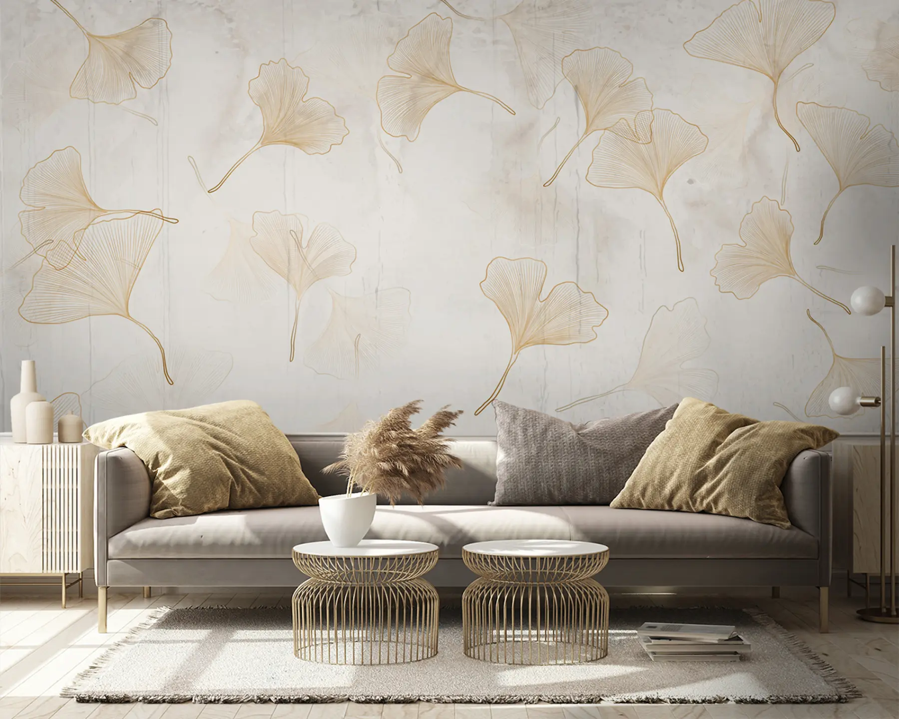 murales de pared Hojas de ginko en tonos beige u96467