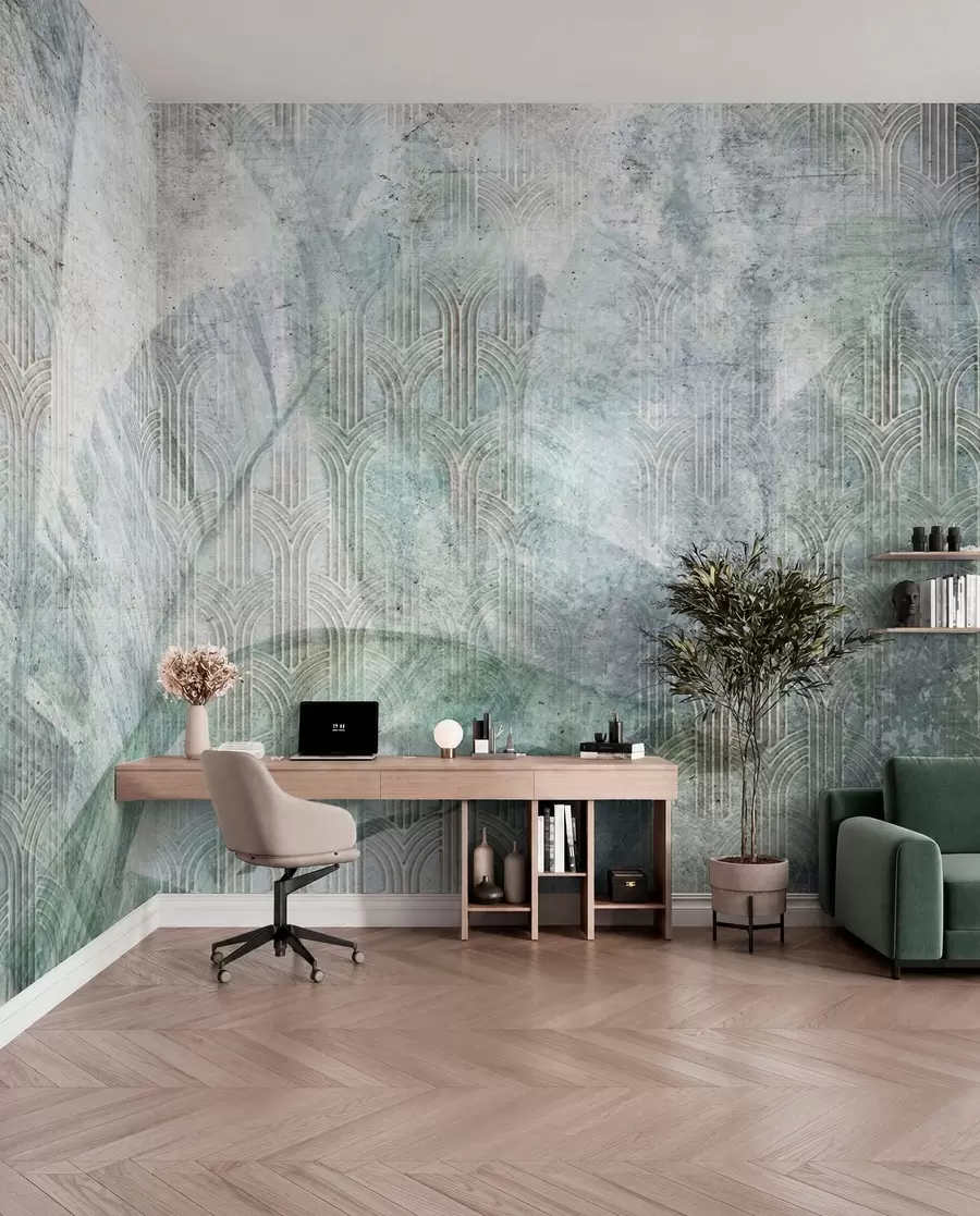 murales de pared Grandes hojas de plátano verde y textura de mármol u96927