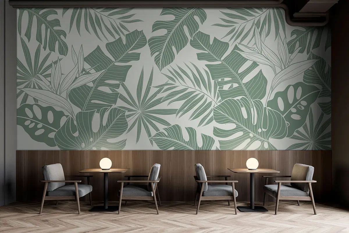 murales de pared Hojas de palma Monstera en un mínimo de verde pálido. u96909