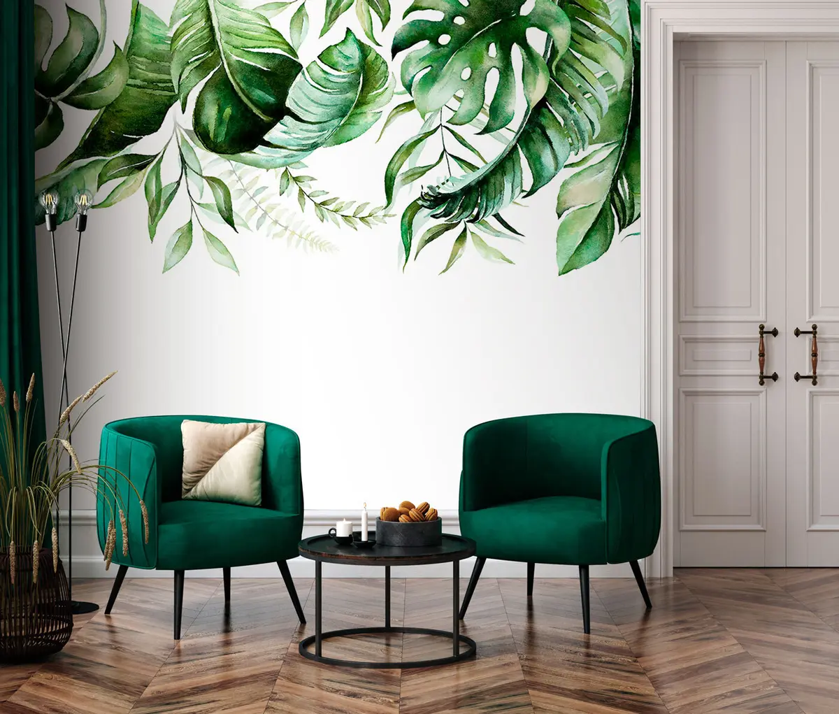 murales de pared Hojas tropicales de acuarela verde aisladas sobre fondo blanco u96917