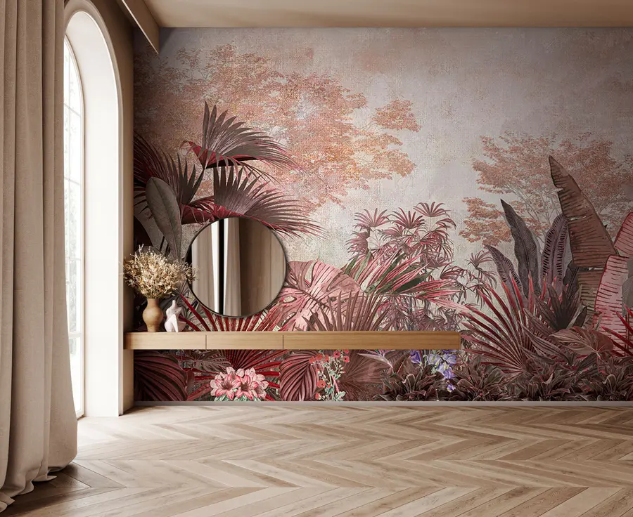 murales de pared Ilustración de papel tapiz tropical vintage con follaje de palmeras exóticas u97104