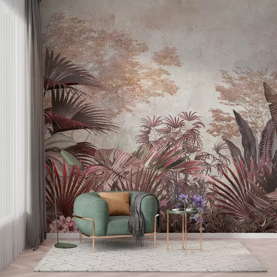 murales de pared Ilustración de papel tapiz tropical vintage con follaje de palmeras exóticas u97104