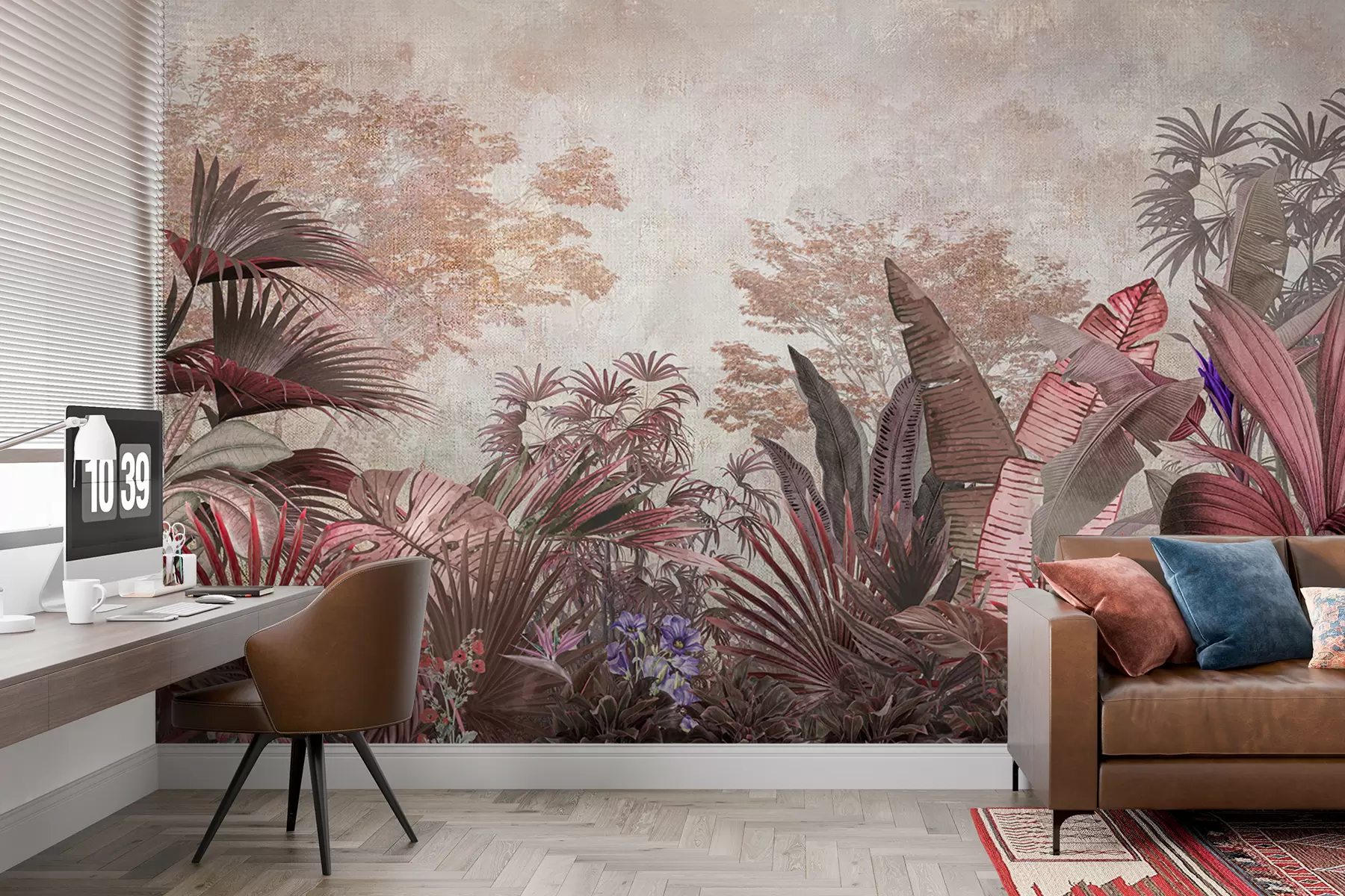 murales de pared Ilustración de papel tapiz tropical vintage con follaje de palmeras exóticas u97104