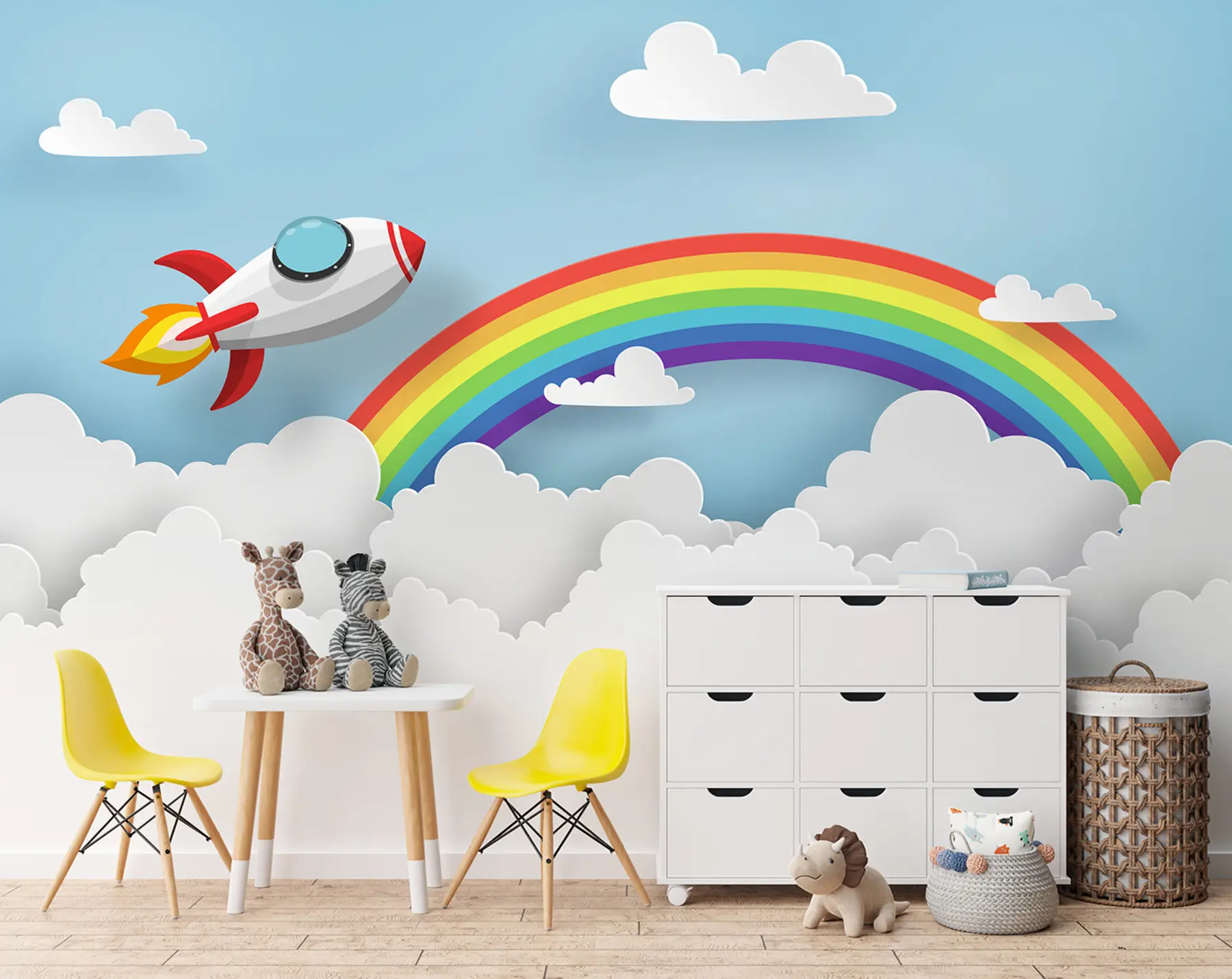 murales de pared Lanzar un cohete al cielo sobre las nubes y el arco iris. u96299