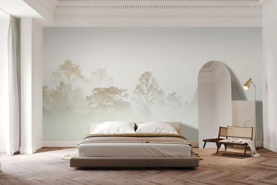 murales de pared Silueta de una arboleda en la espesa niebla blanca de la mañana u97405