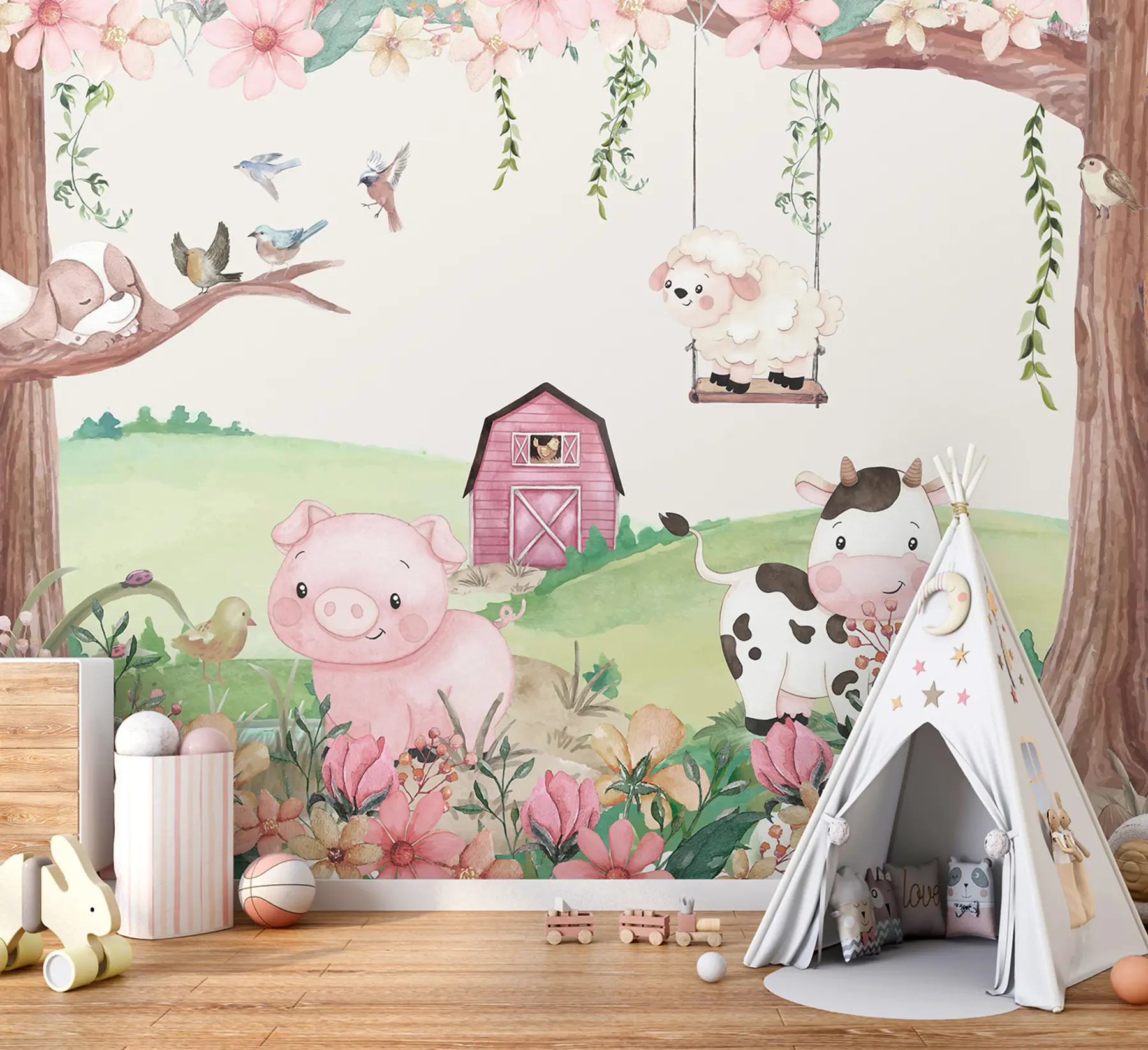 murales de pared Paisaje de granja con animales u97370