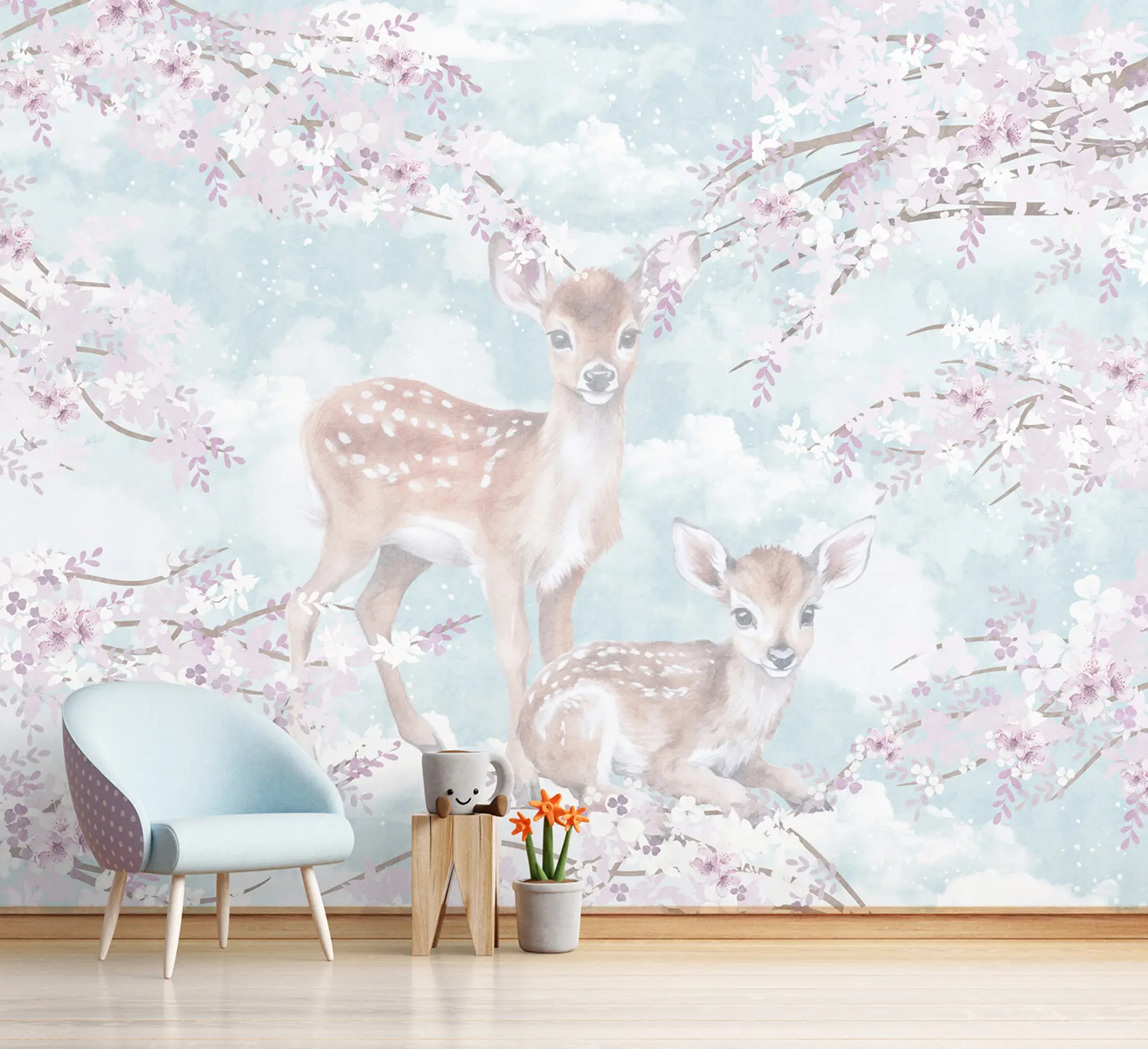 murales de pared Cervatillos entre árboles en flor u97464
