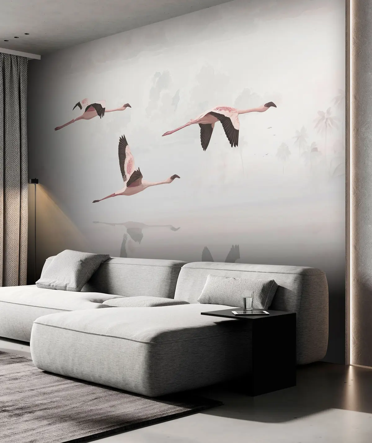 murales de pared Flamencos rosados ​​sobre la playa y el mar de la selva tropical u97457