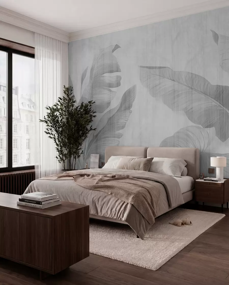 murales de pared Hojas tropicales grunge en gris u00299v3