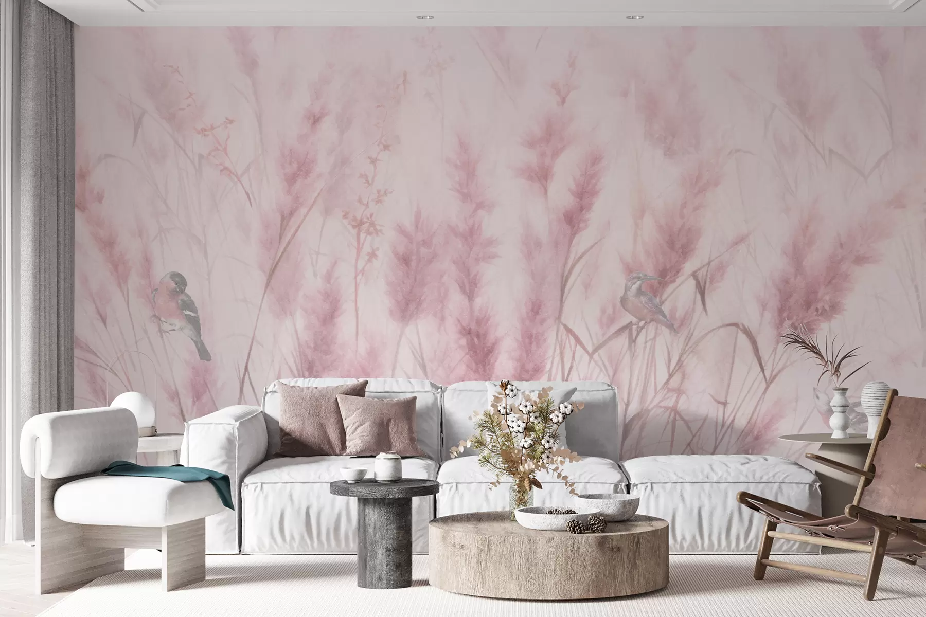 murales de pared Flores silvestres rosadas con pájaros, campos de juncos. u97467