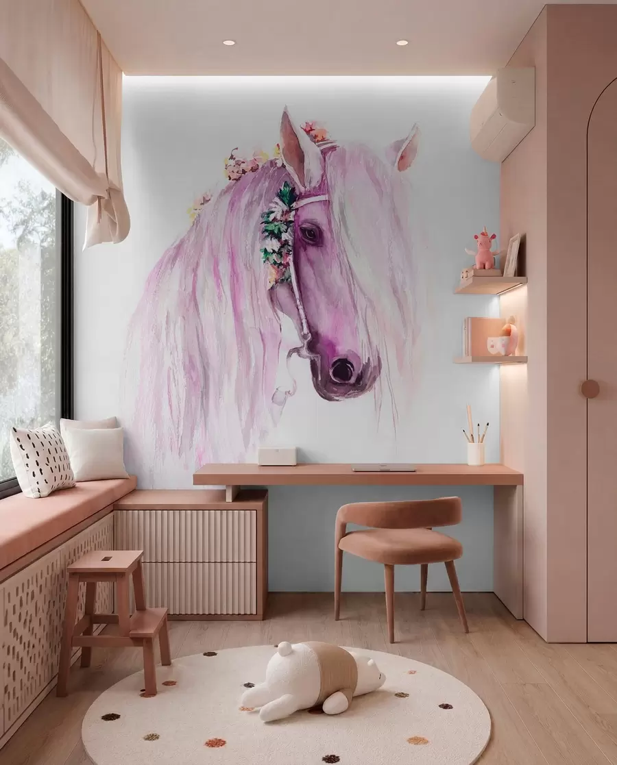 murales de pared Caballo azul con flores en la crin en tonos morados u93591v1
