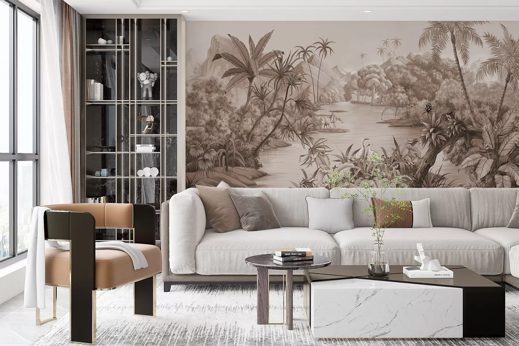 murales de pared Trópico blanco y negro en tonos marrones u59040v1