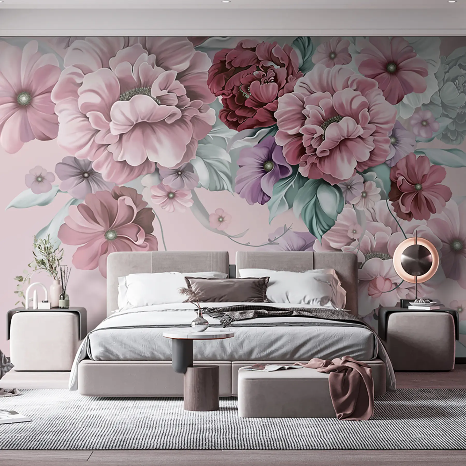 murales de pared Delicadas flores azules en tonos rosados u59900v1