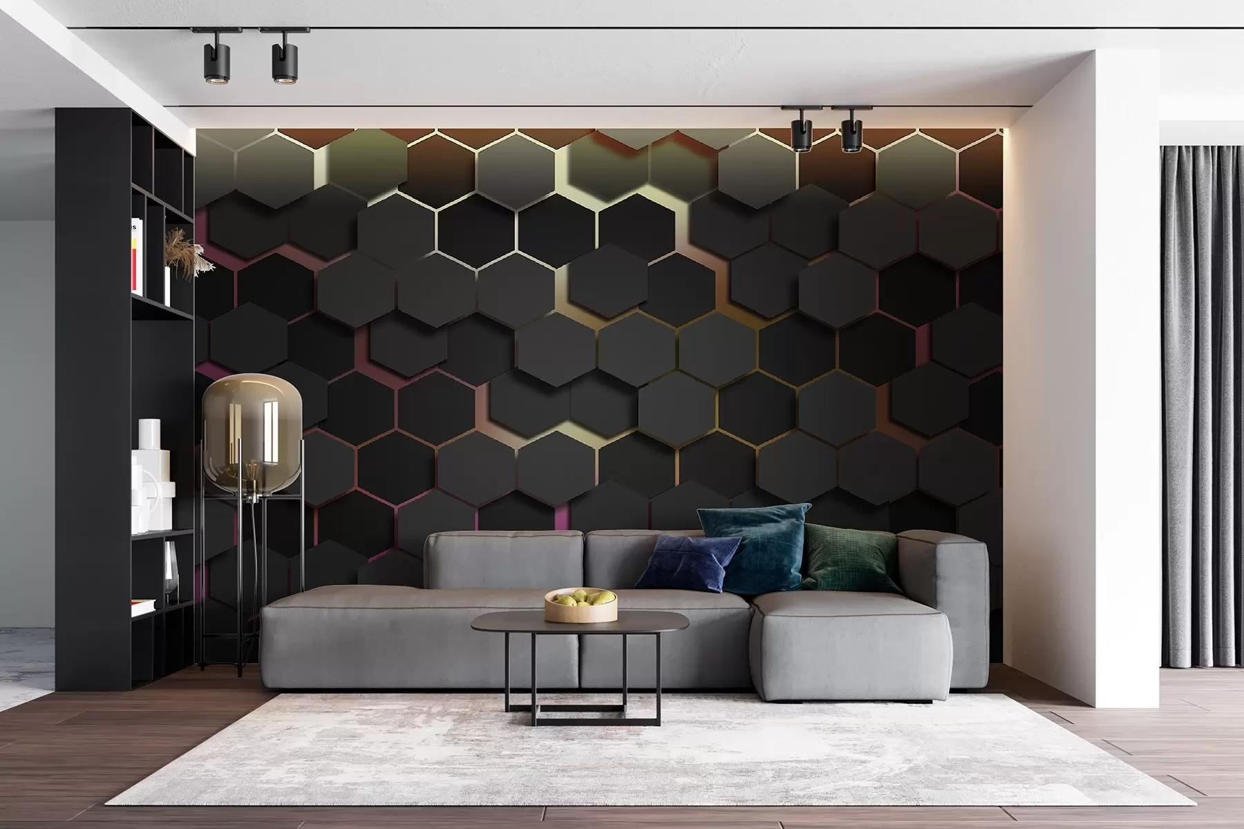 murales de pared Hexágonos negros con efecto 3D en colores negro y rosa u79935v3