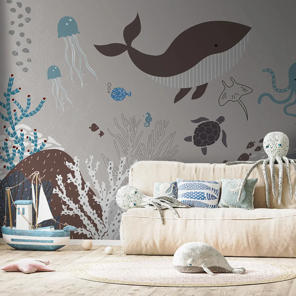 murales de pared Mundo submarino en tonos grises u93763v1
