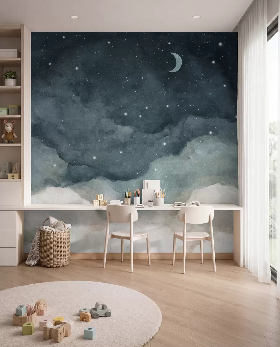 murales de pared Acuarela de cielo nocturno con luna creciente y estrellas brillantes en tonos azules u96076v2