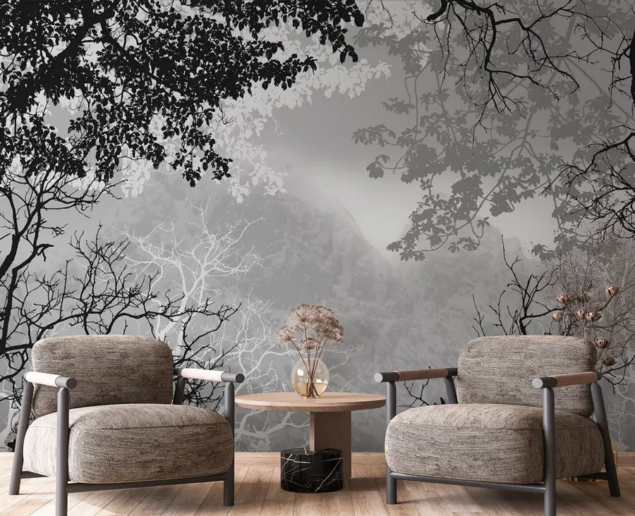 murales de pared Ilustración de bosque sobre fondo de montañas con niebla u98050