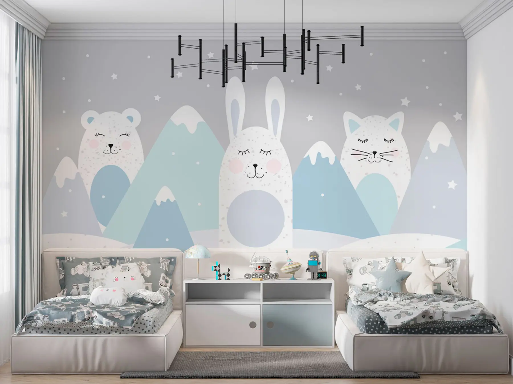 murales de pared Conejo, oso, zorro sobre un fondo de montañas nevadas de color beige u98135v1