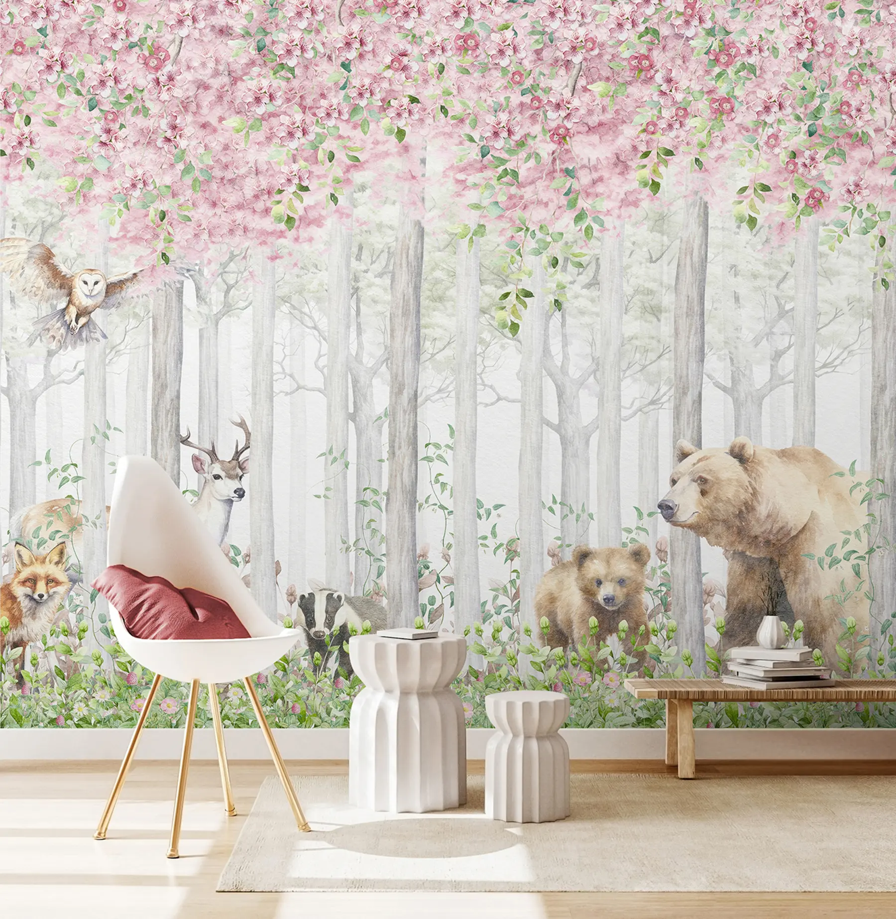 murales de pared Bosque en flor con animales u97614
